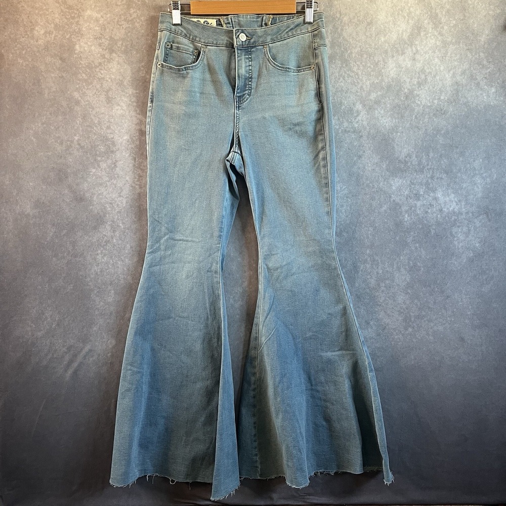Free People Flare Jeans Women 28 Light Blue Lace Up Back Raw Hem Just Float On